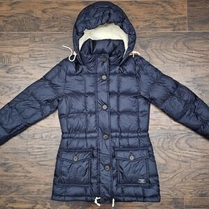 Abercrombie Fitch Women's Small Duck Down Qulited Navy Hooded Puffer Coat Jacket